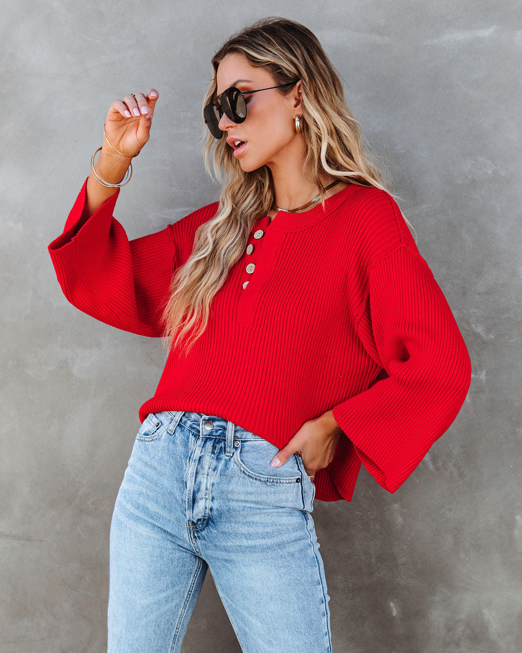 Shawn Ribbed Henley Top - Red - SALE
