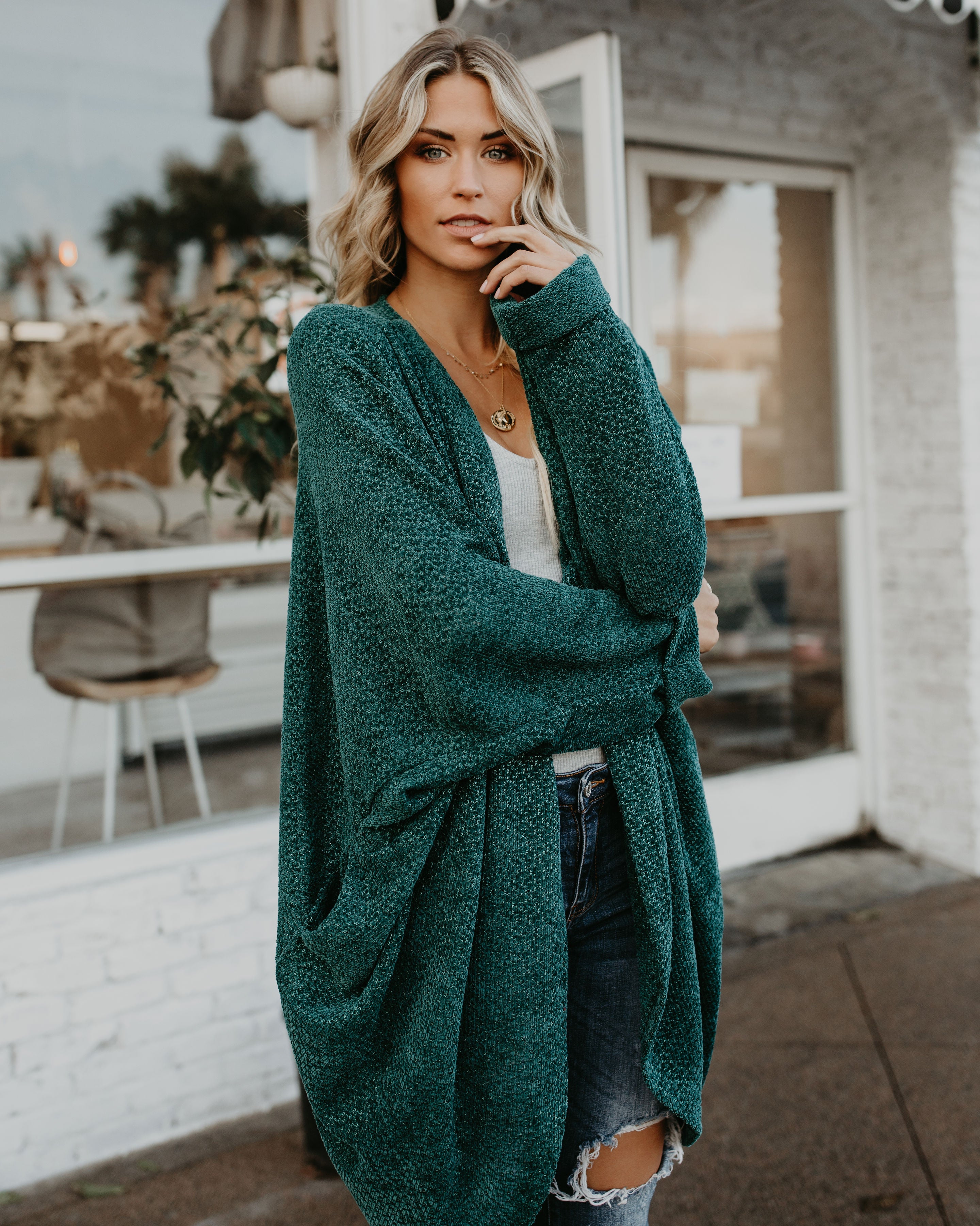 Holiday Spirit Chenille Pocketed Dolman Cardigan - Pine Tree