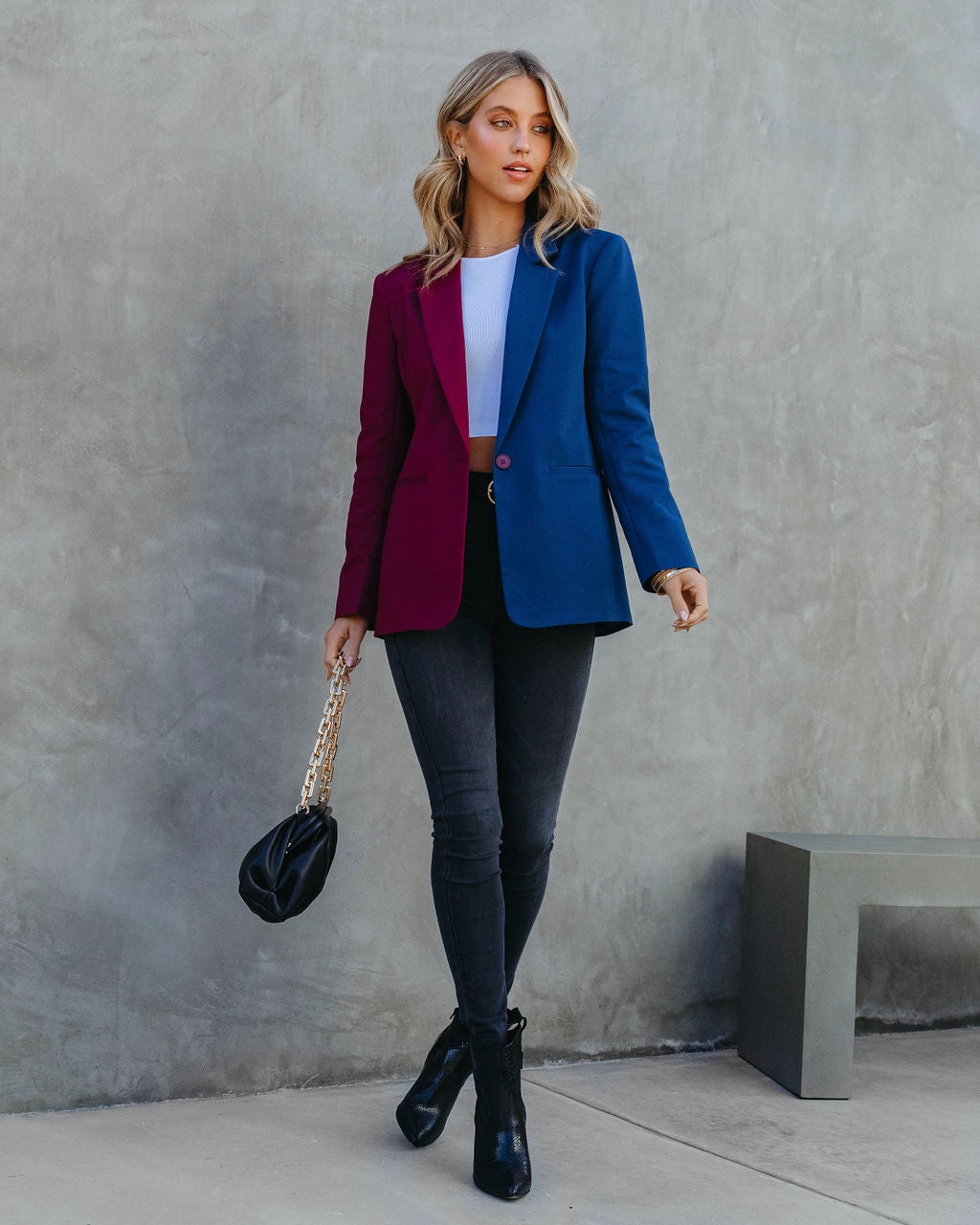 Double Take Pocketed Colorblock Blazer - Wine/Navy