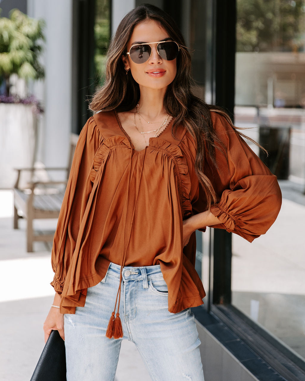Arrow Ruffle Tassel Tie Top - Cinnamon - SALE