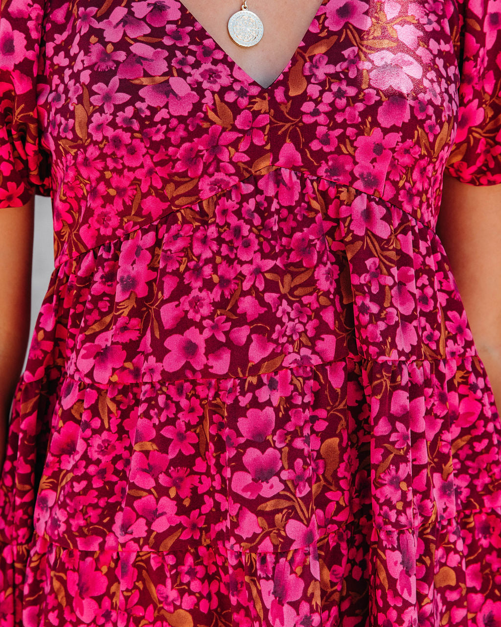 Picking Flowers Tiered Puff Sleeve Babydoll Dress - Burgundy