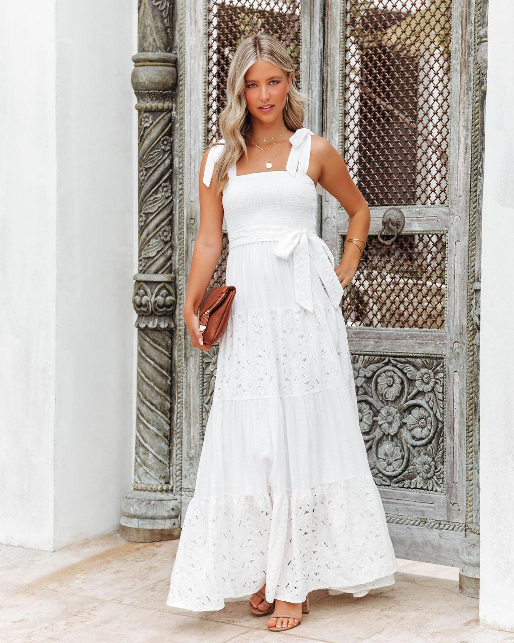 La Paz Smocked Crochet Lace Maxi Dress - White - FINAL SALE