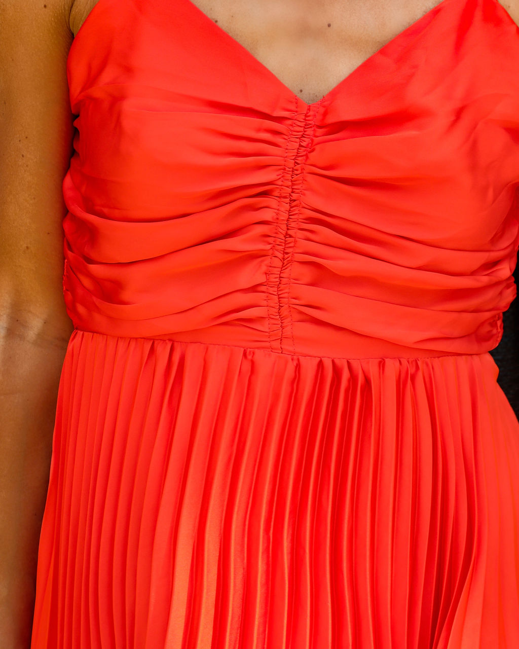 Classic Bombshell Satin Pleated Midi Dress - Orange - FINAL SALE