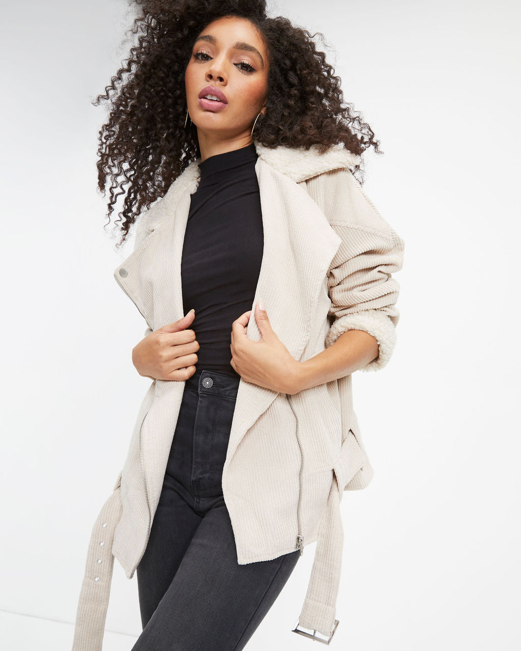 Blake Corduroy Faux Sherpa Moto Jacket - Cream