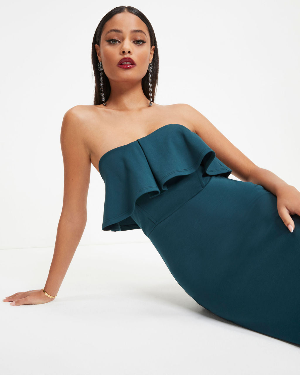 Cheers To The Night Strapless Ruffle Midi Dress - Dark Teal