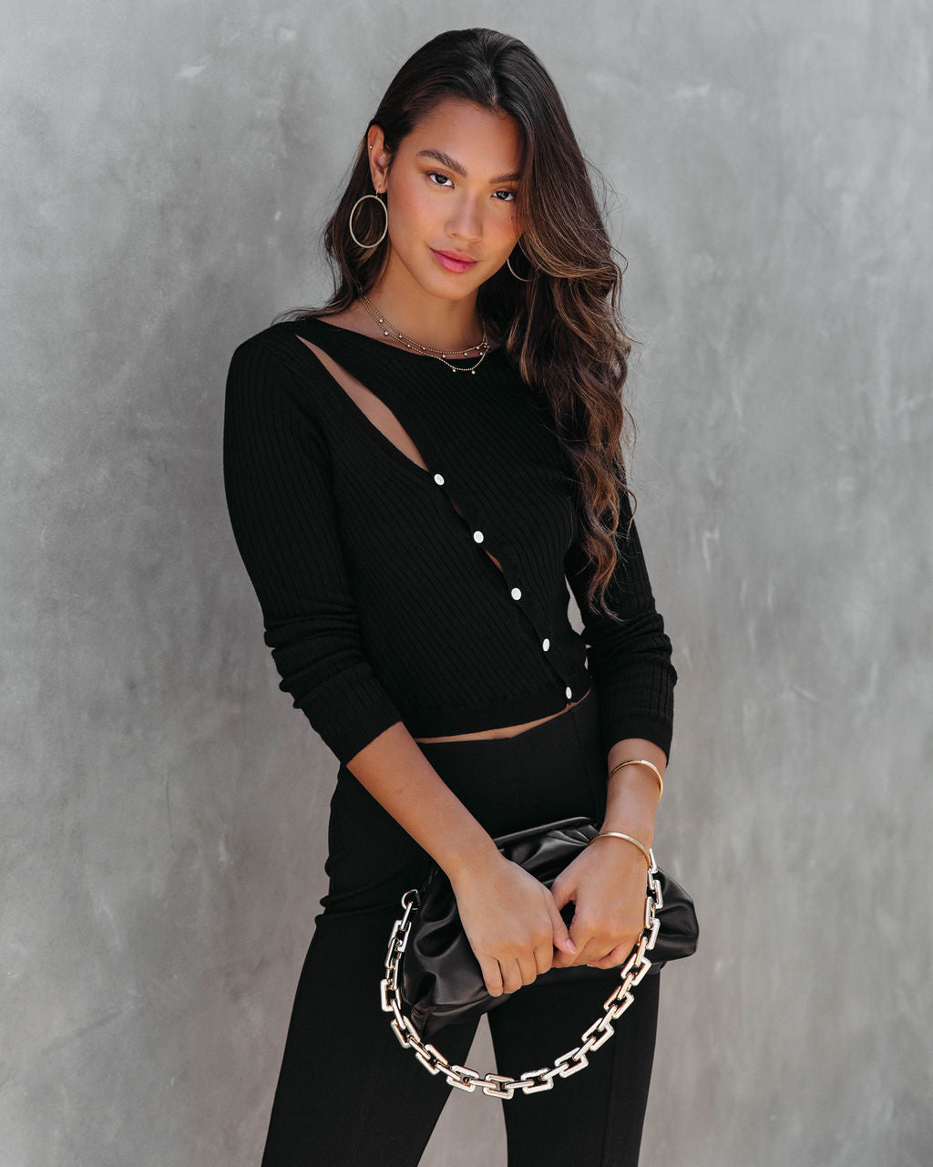 Look At Me Knit Cutout Long Sleeve Top - Black