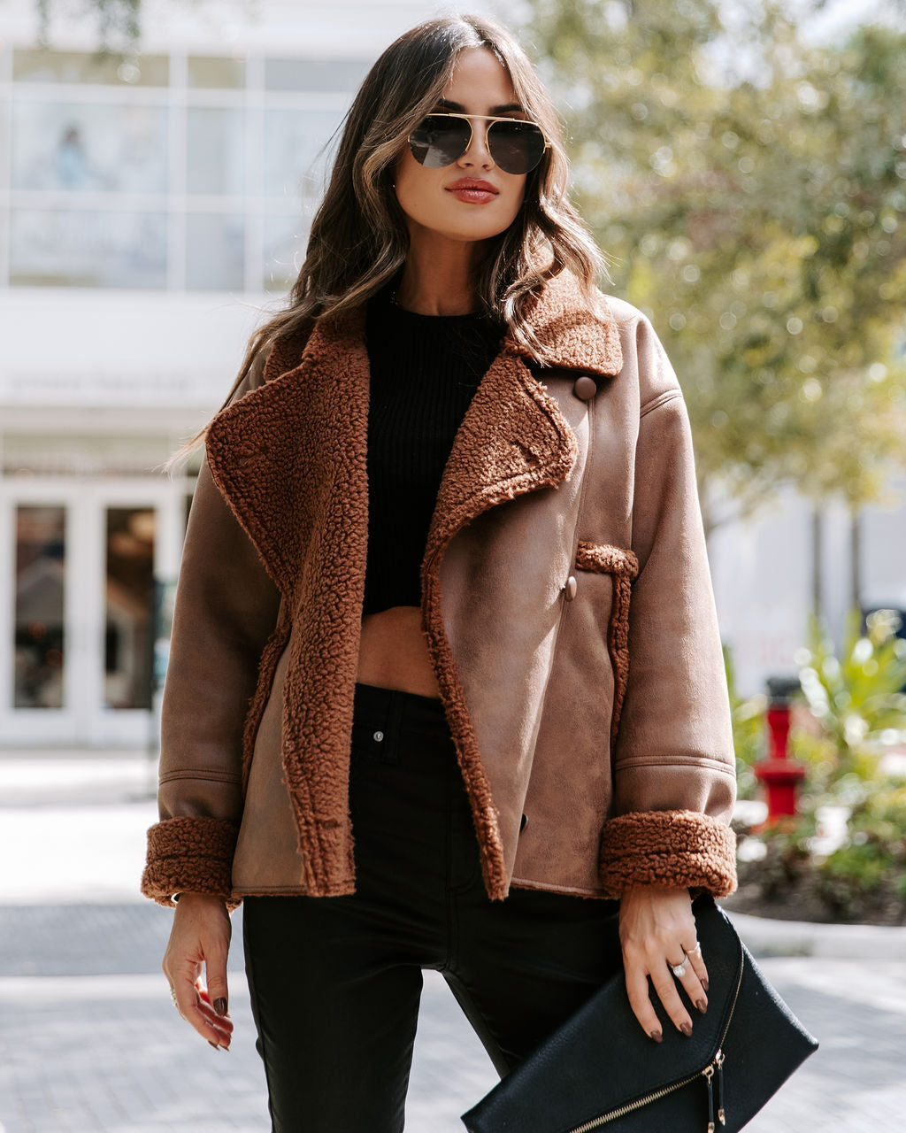 Karen Pocketed Faux Suede Sherpa Trim Jacket - Chocolate