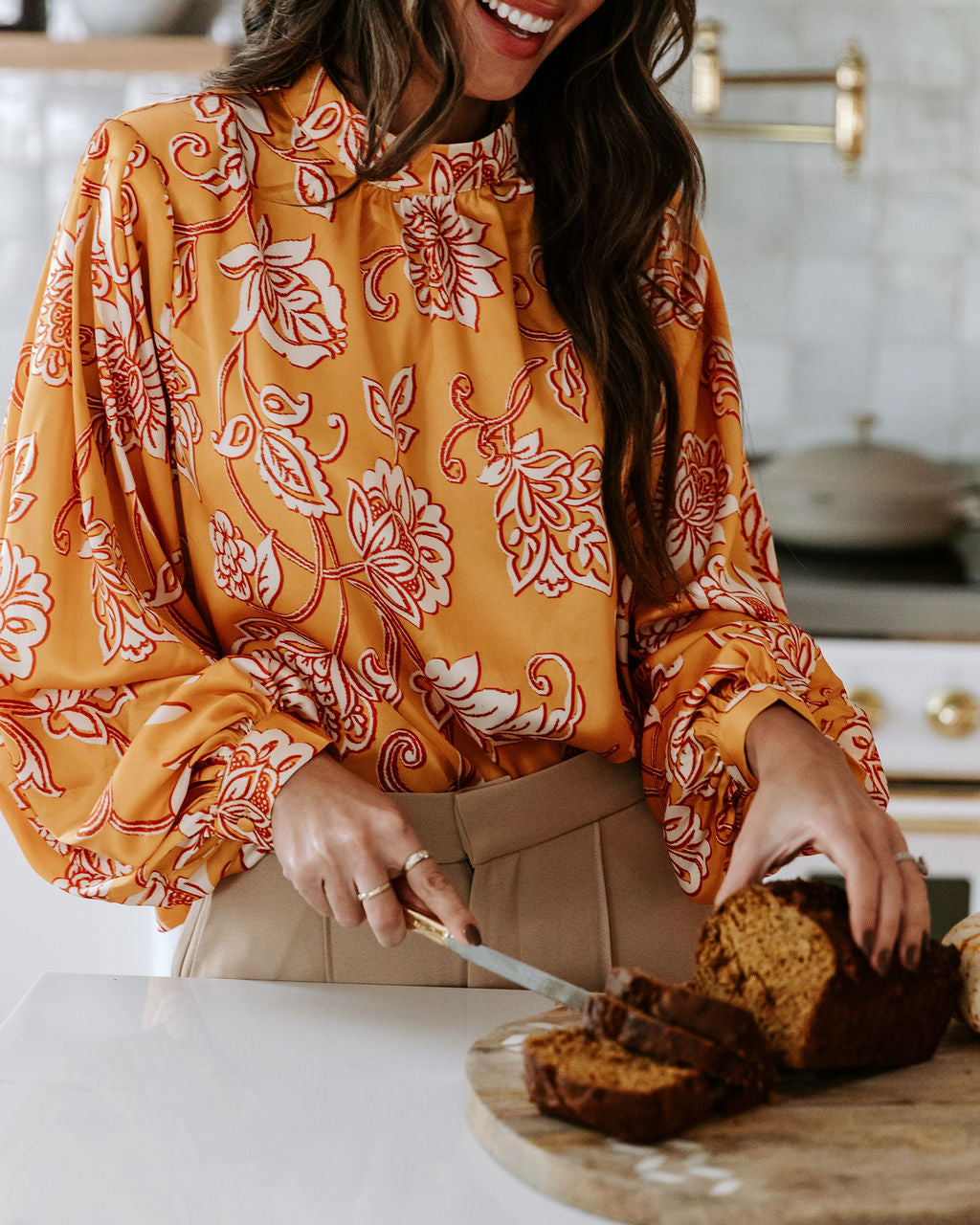 Golden November Floral Padded Shoulder Top - Mustard