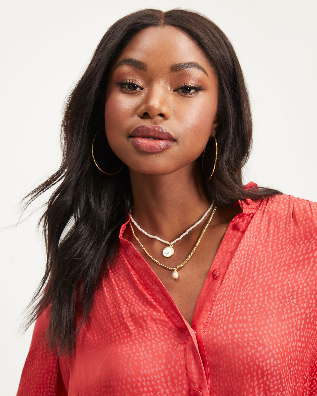 Riley Satin Embossed Button Down Top