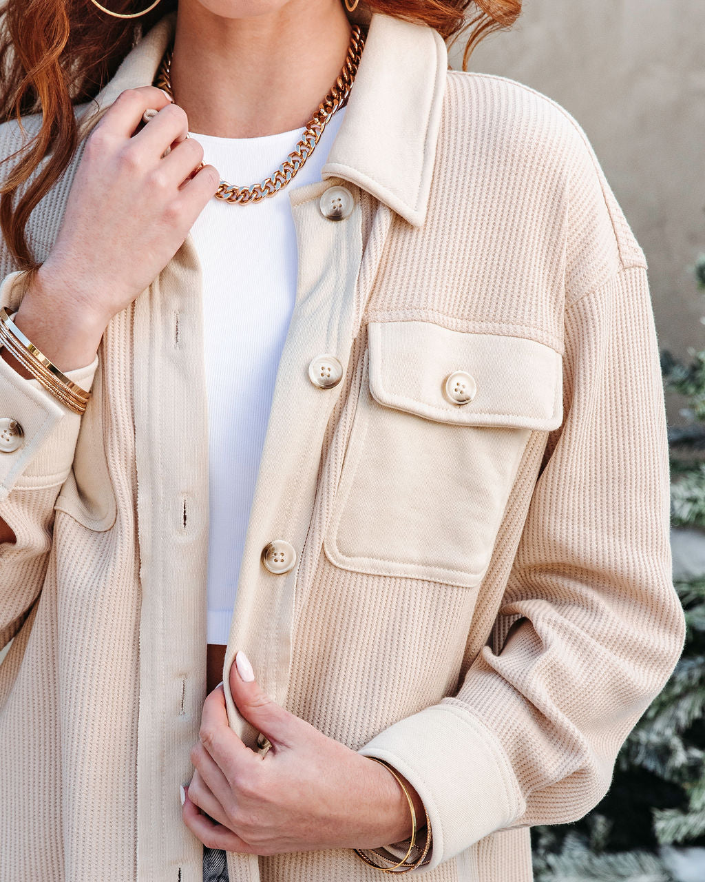 Tiffani Waffle Knit Button Down Top - Oatmeal