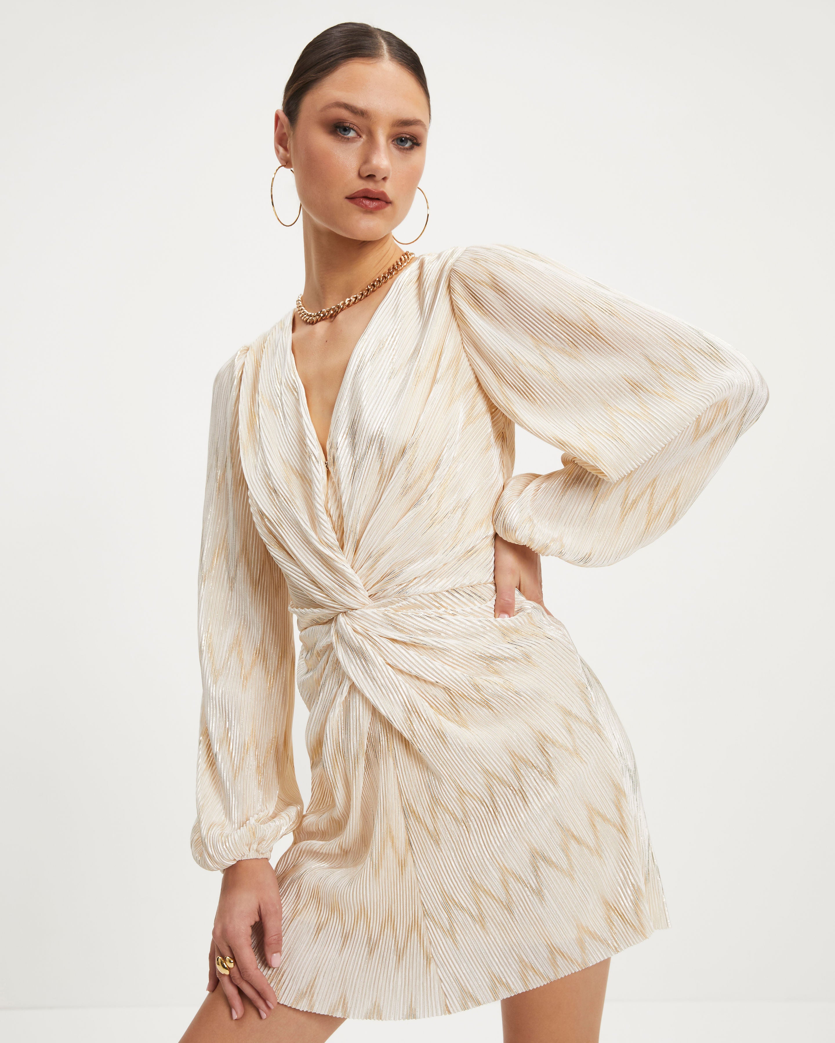 Giuliana Twisted Front Plisse Metallic Mini Dress - Ivory