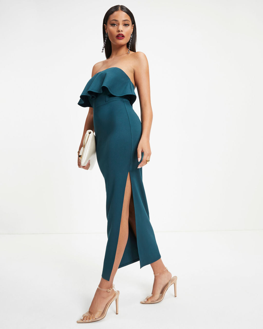 Cheers To The Night Strapless Ruffle Midi Dress - Dark Teal