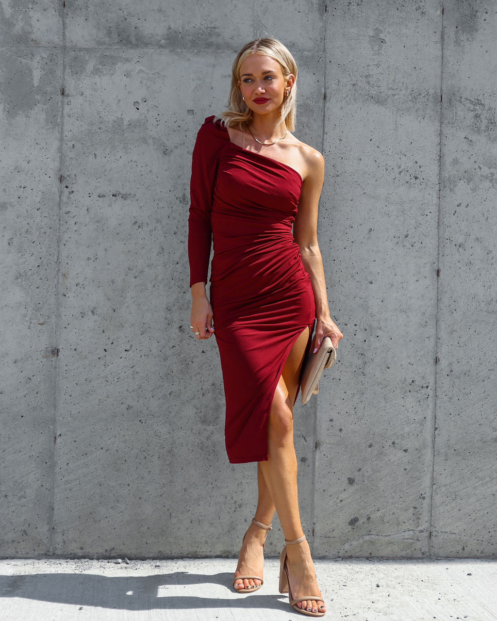 Serving Looks One Shoulder Drape Midi Dress - Wine
