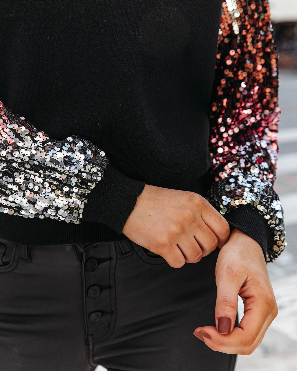 Stepping Out Sequin Knit Pullover Sweater - Black
