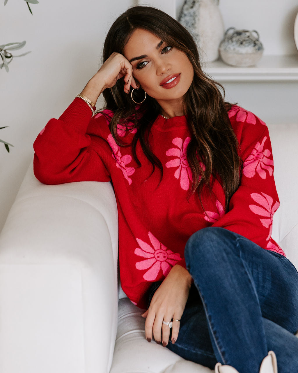 Oh Happy Daisy Pullover Sweater - Red