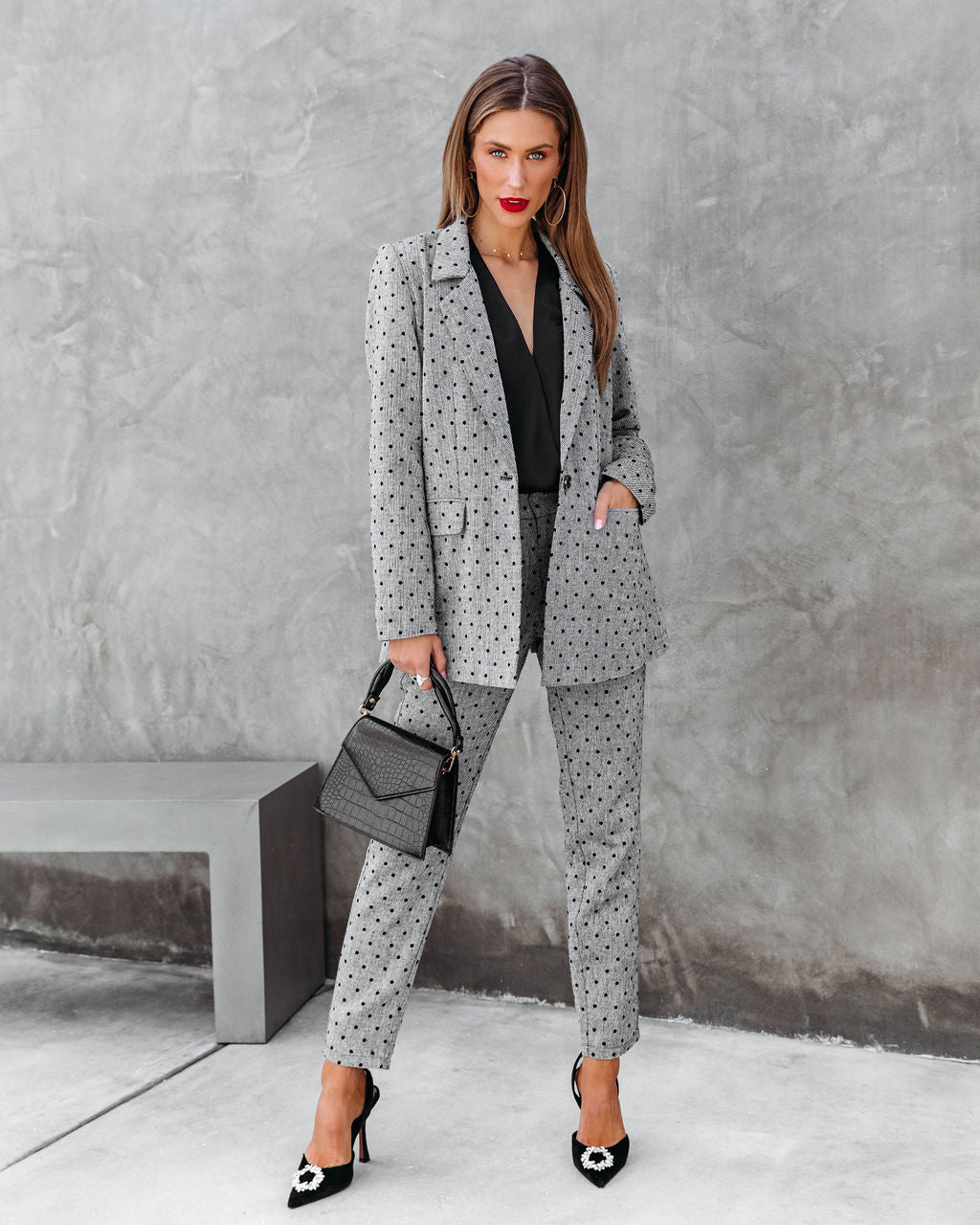 Serving Looks Polka Dot Pocketed Blazer - Grey