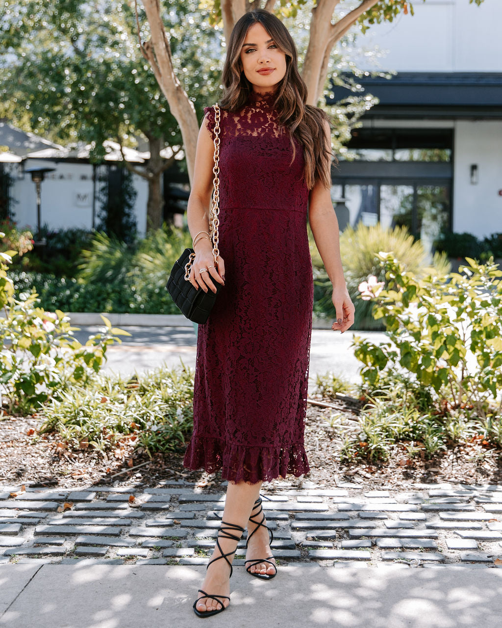 Frances Lace Ruffle Midi Dress - Wine