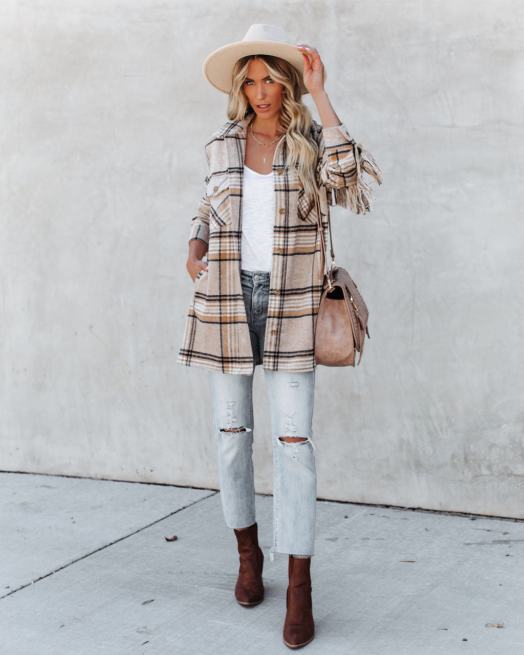 Give Thanks Pocketed Fringe Plaid Coat