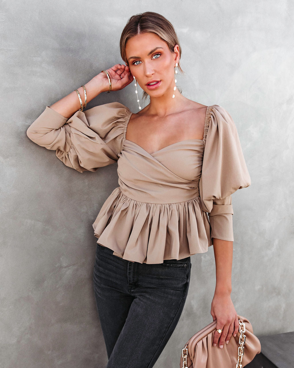 Soph Puff Sleeve Peplum Crop Top - Mocha