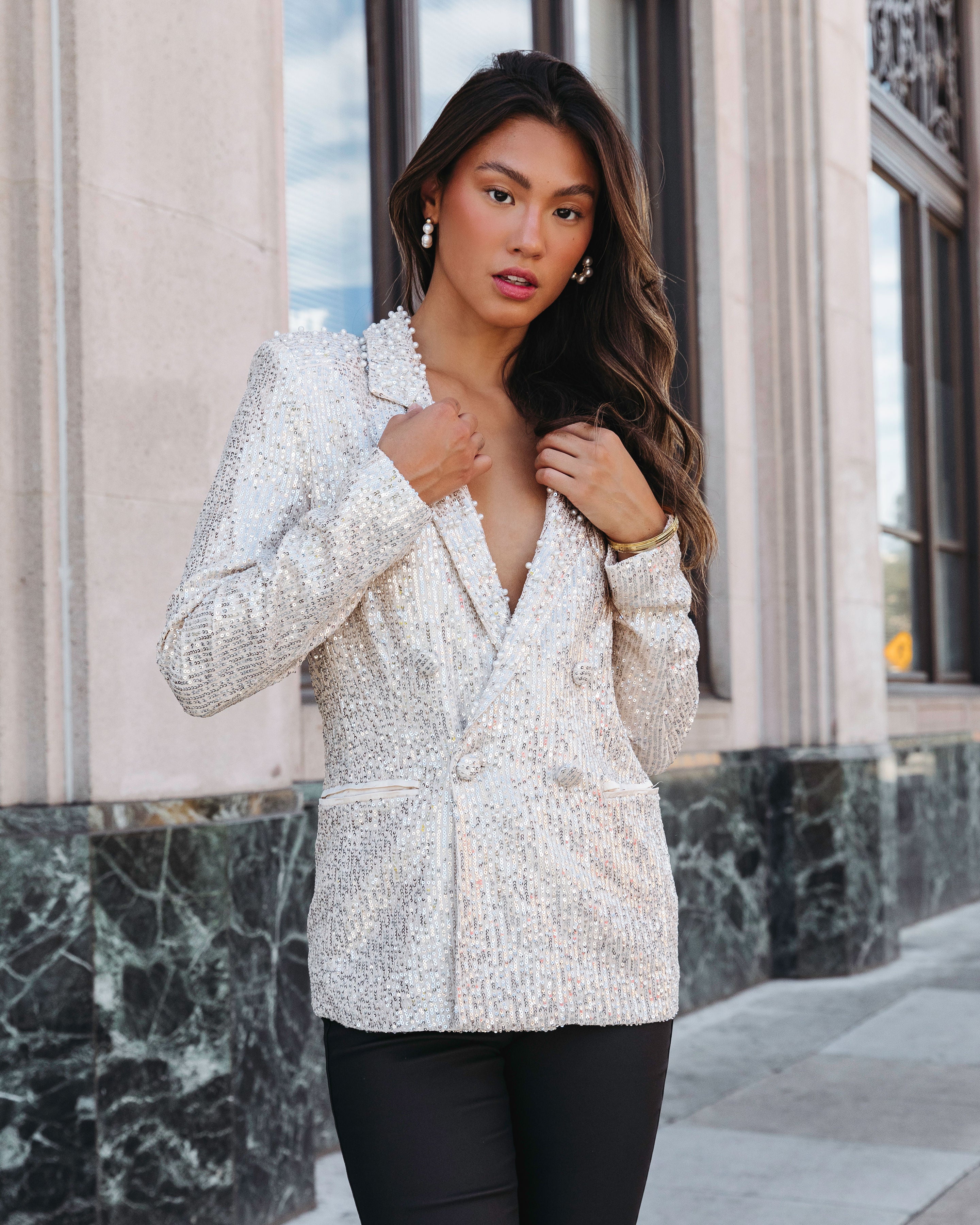 Friday Spotlight Pocketed Sequin Pearl Embellished Blazer - Silver