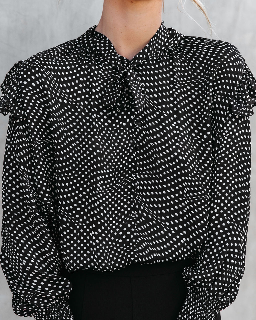 Roseanne Polka Dot Tie Neck Ruffle Top