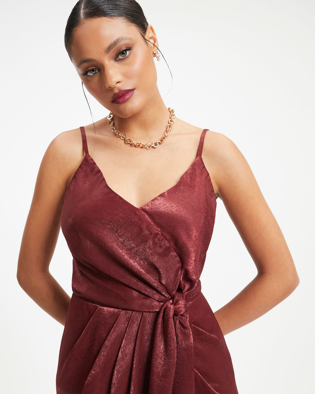 Token Of Gratitude Satin Midi Tie Dress - Wine