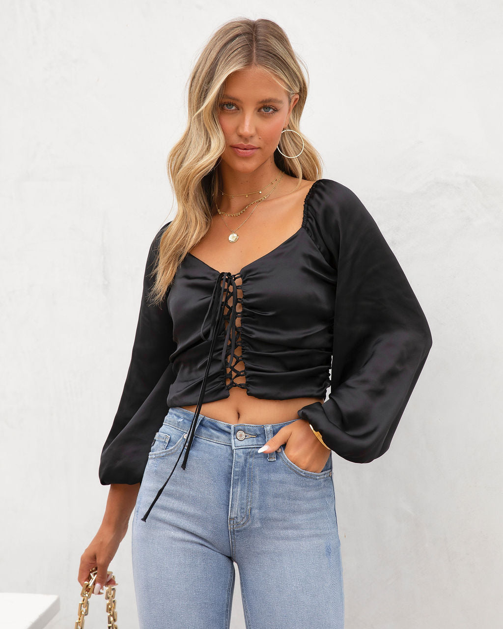 Lila Grace Satin Lace Up Crop Top - Black - FINAL SALE