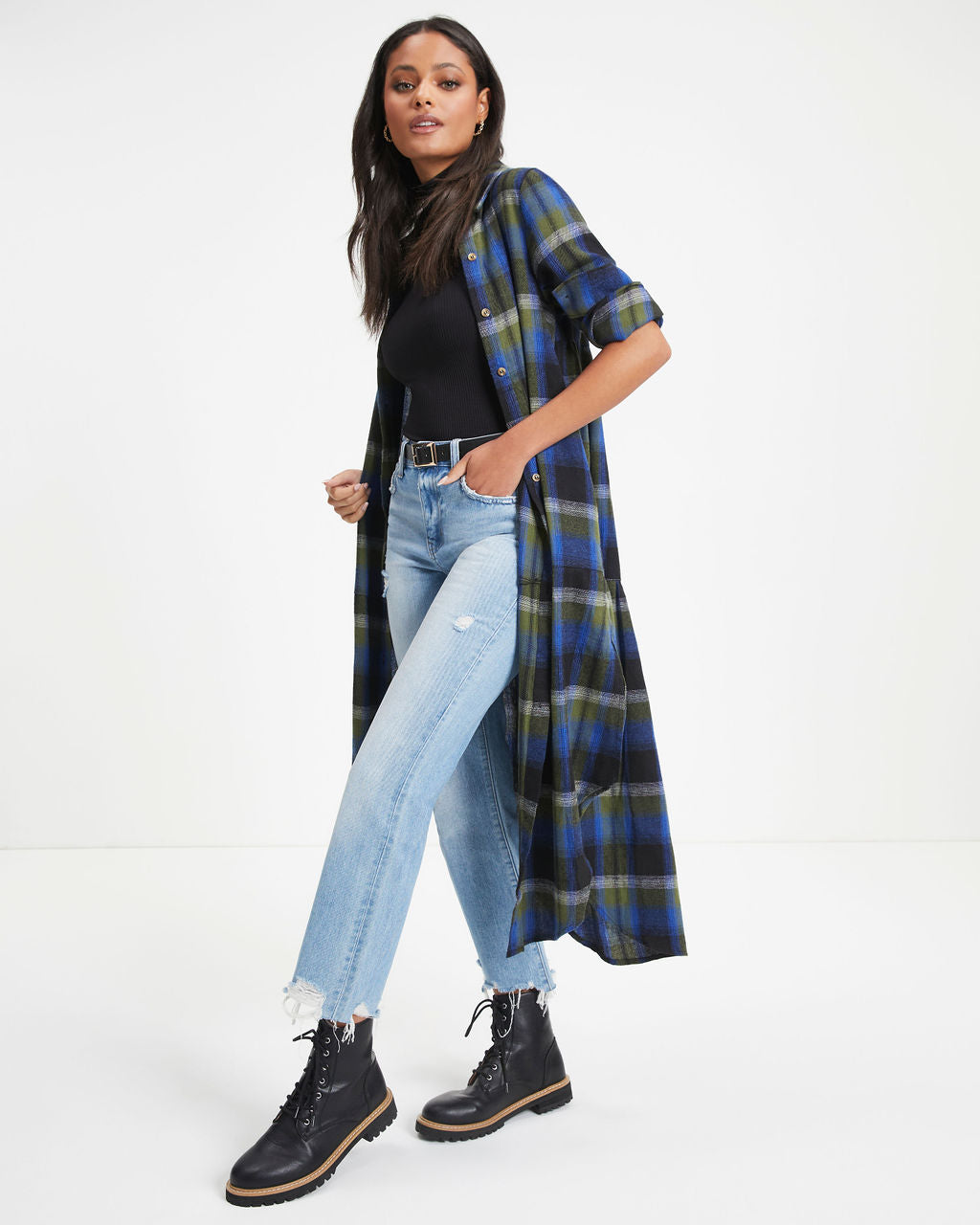 Jonathan Pocketed Plaid Button Down Midi Dress