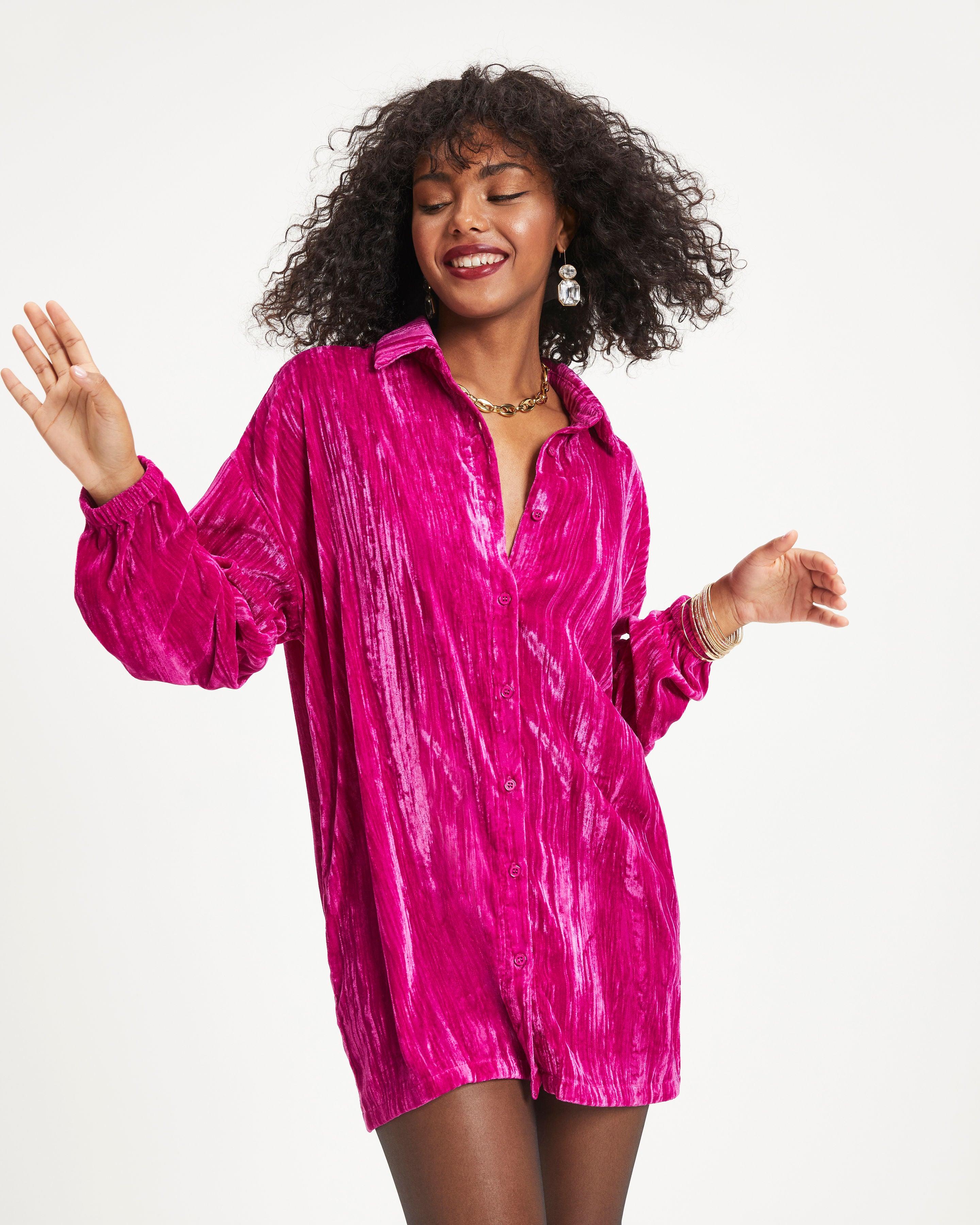 Avalina Textured Velvet Button Down Shirt Dress - Fuchsia