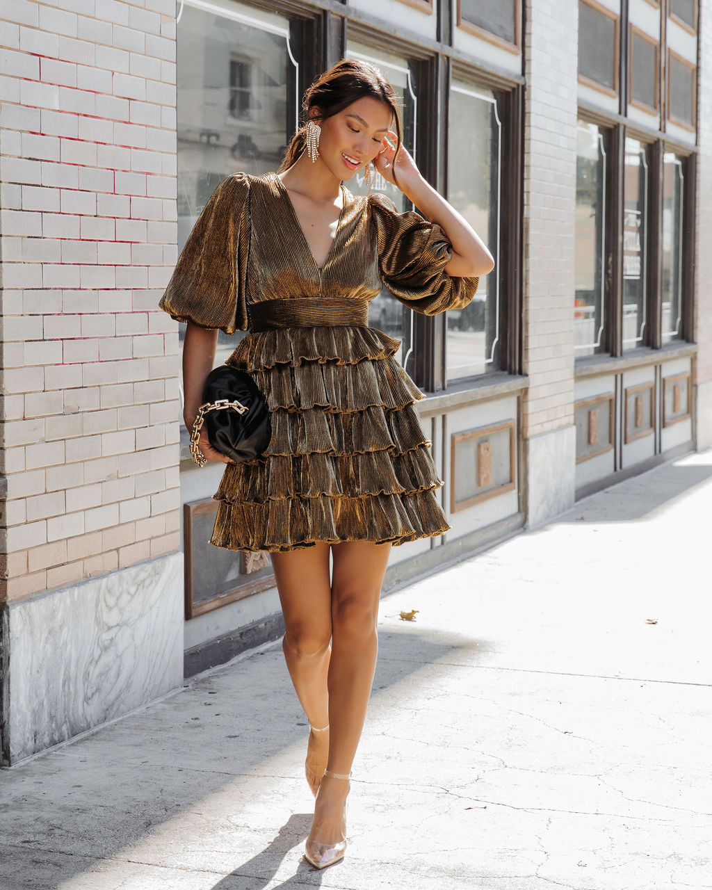 All Is Bright Metallic Tiered Mini Dress - Gold