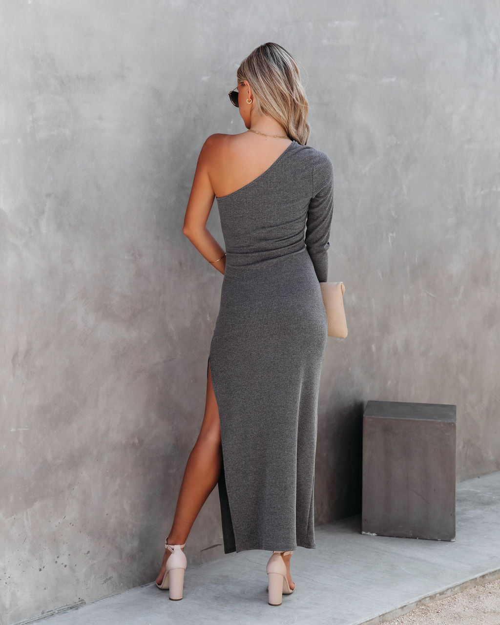 Such A Stunner One Shoulder Ribbed Maxi Dress - Charcoal - FINAL SALE