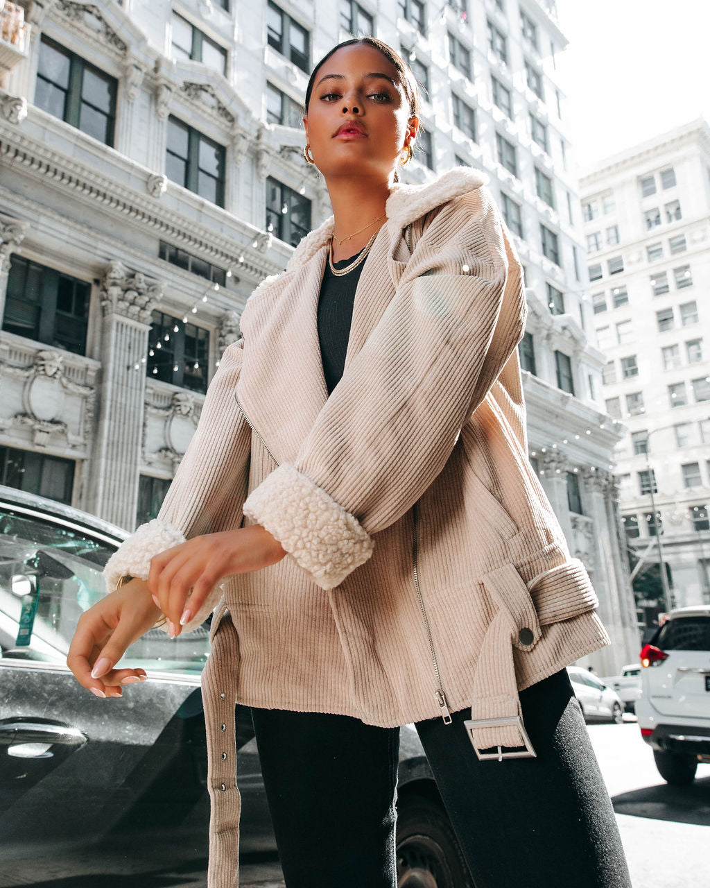 Blake Corduroy Faux Sherpa Moto Jacket - Cream