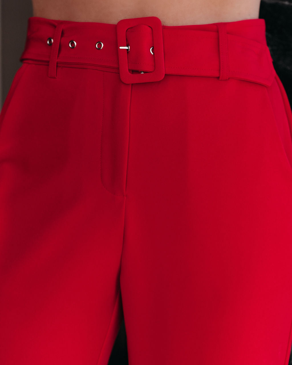 Runway Pocketed Belted Flare Trousers - Red