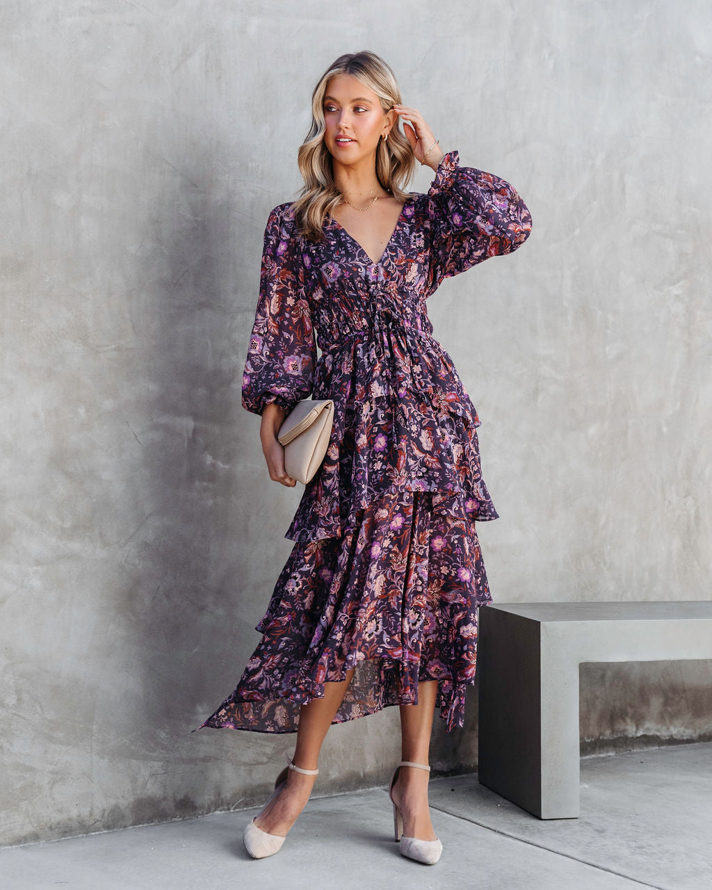 Maleah Floral Tiered Chiffon Midi Dress - Plum