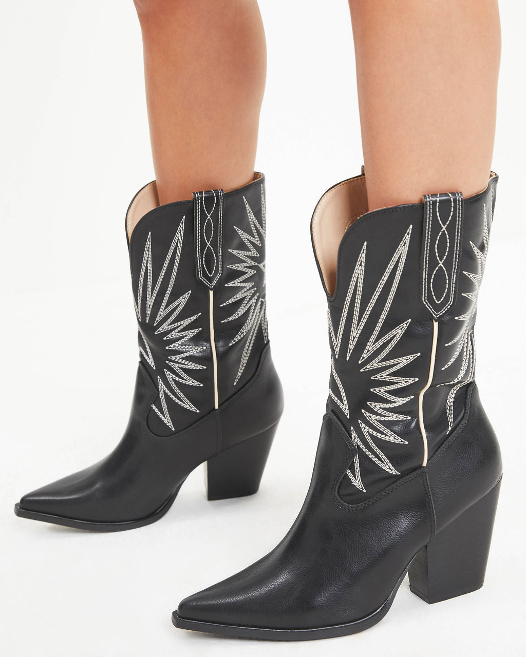 Liya Embroidered Heeled Western Boot - Black