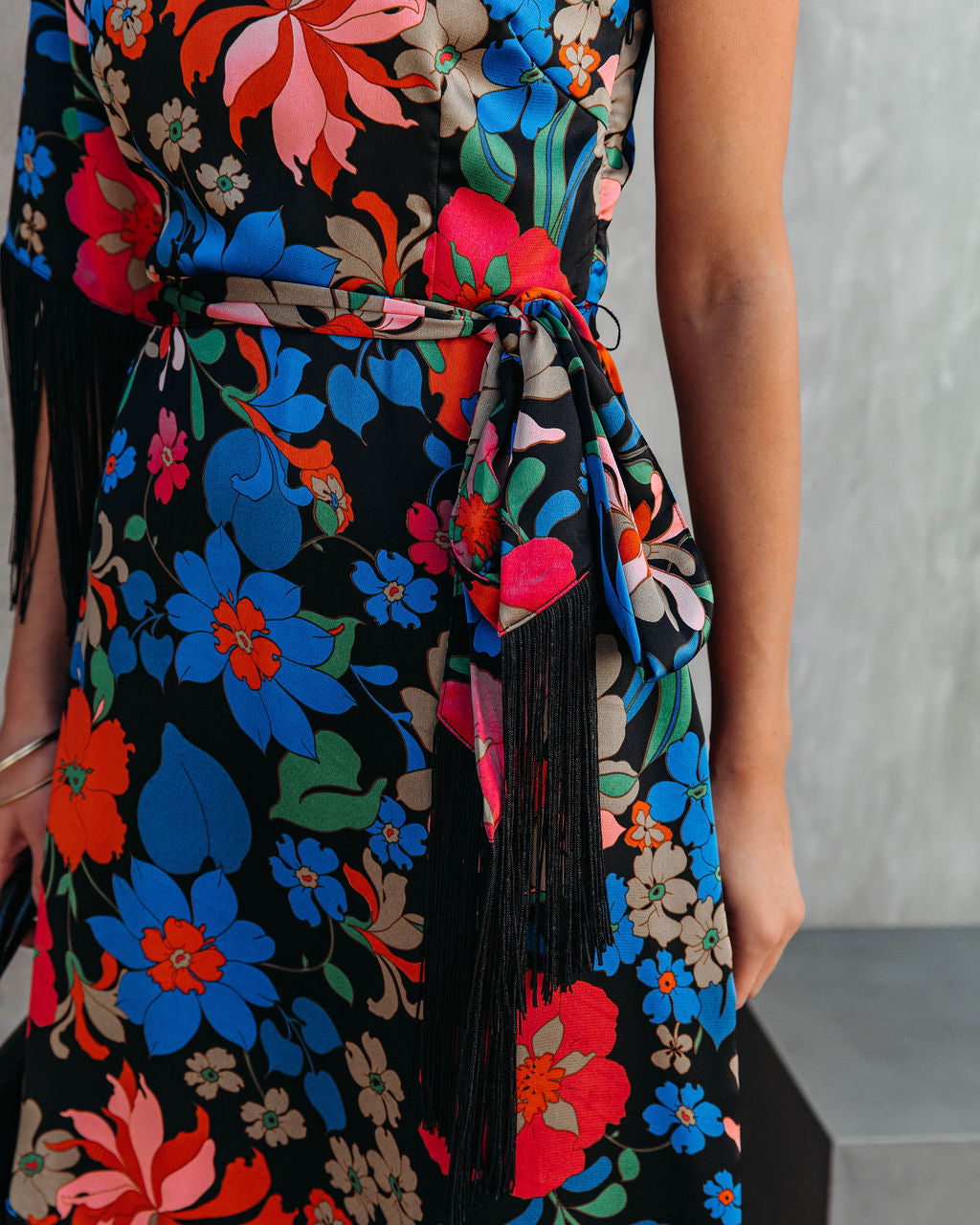 Rosalia Floral One Shoulder Fringe Midi Dress