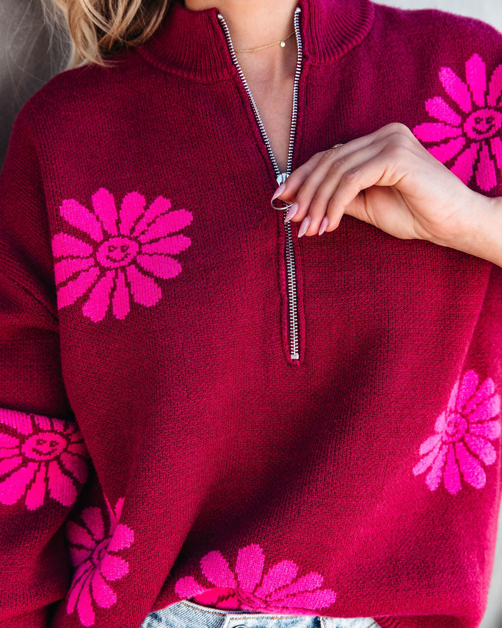 Happy As A Daisy Half Zip Pullover Sweater - SALE