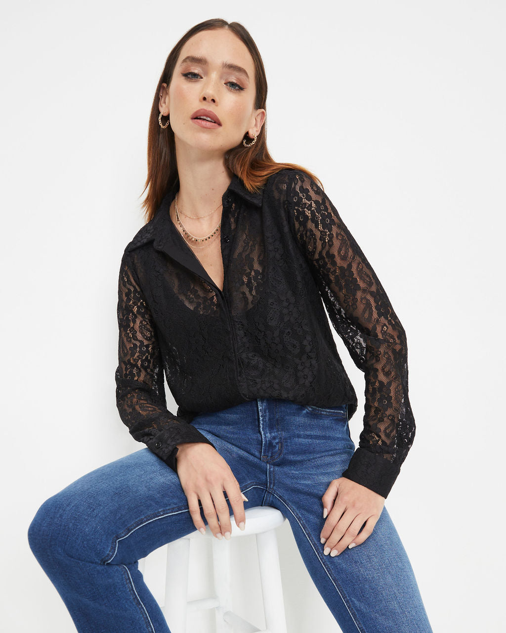 Berenice Lace Button Down Top - Black