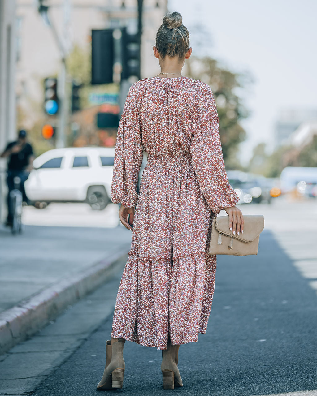 Autumn Flower Fields Smocked Ruffle Midi Dress