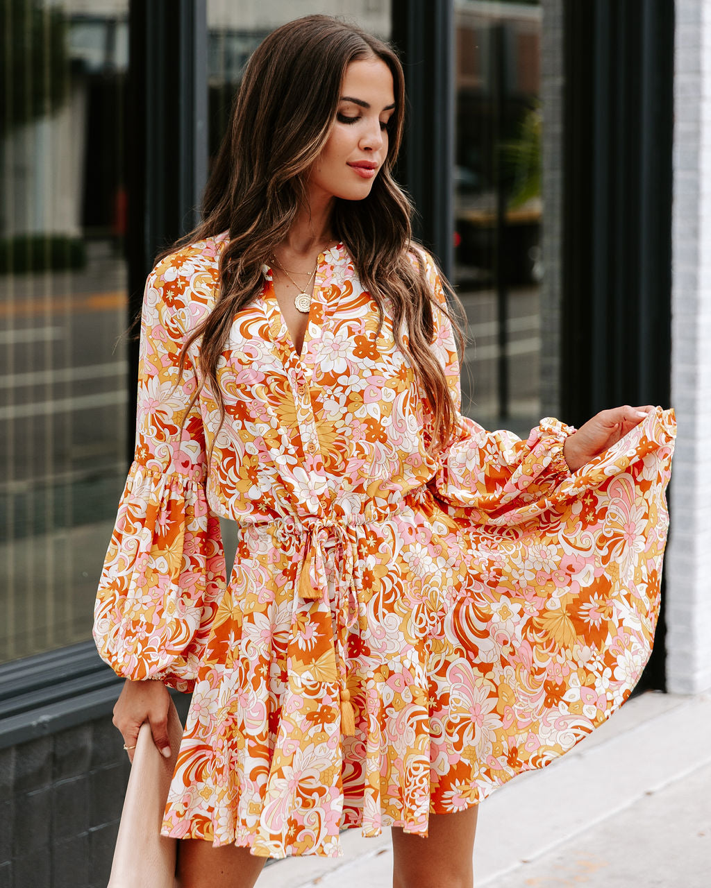 Groovy Doll Floral Adjustable Balloon Sleeve Dress