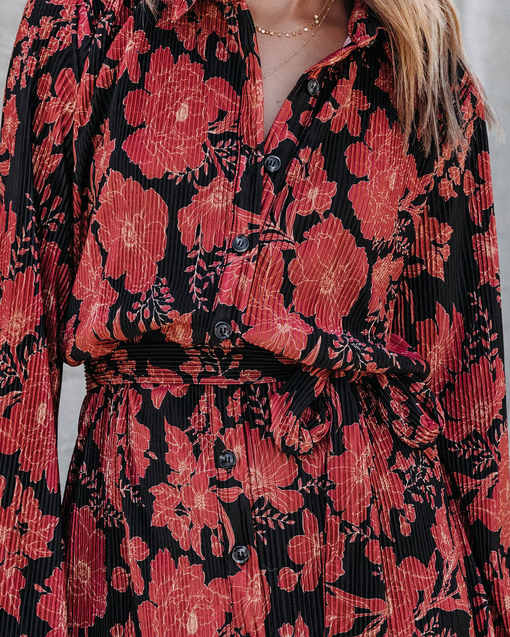 Autumn Expressions Floral Plisse Button Down Shirt Dress