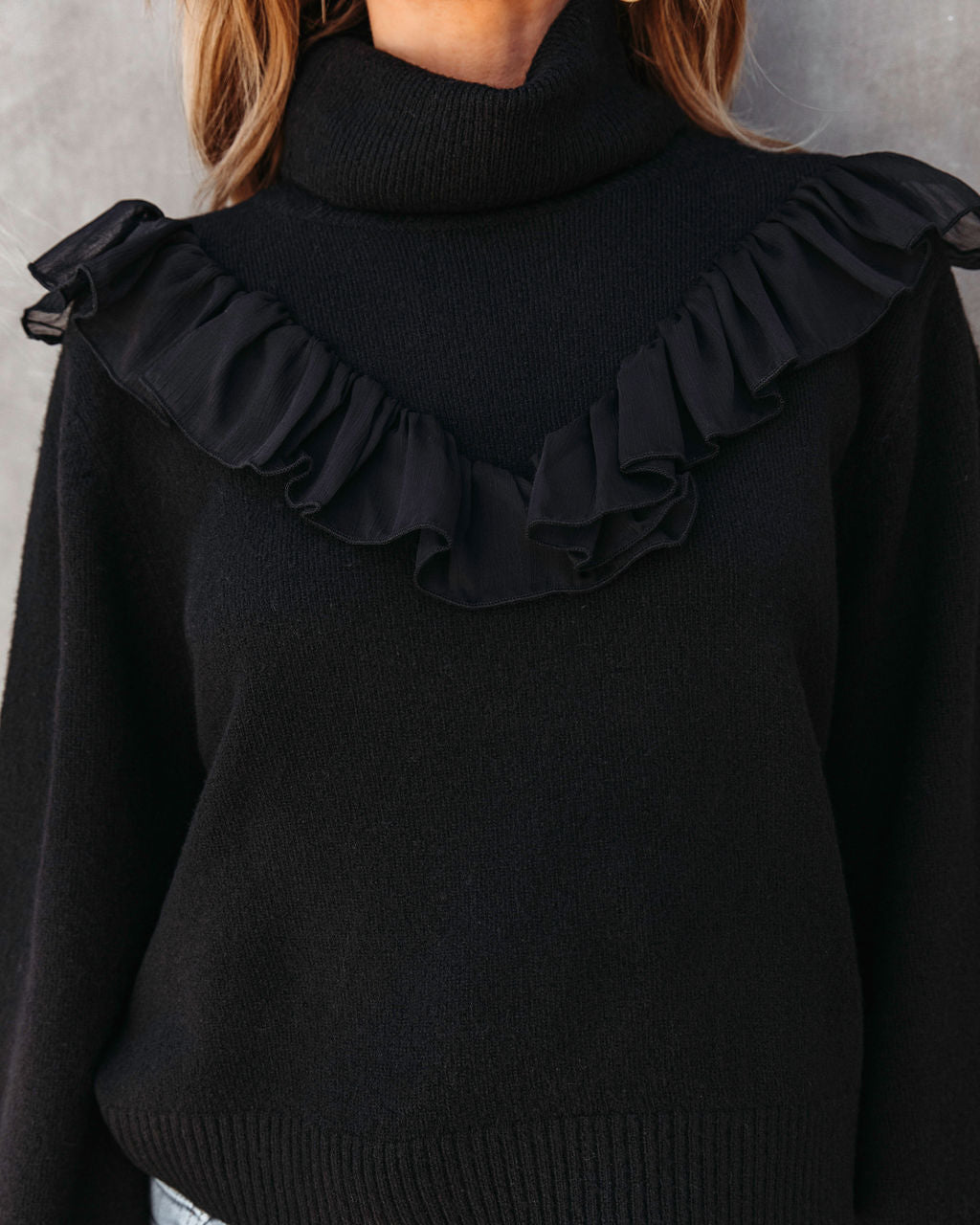 Lyric Ruffle Crop Turtleneck Sweater - Black - SALE