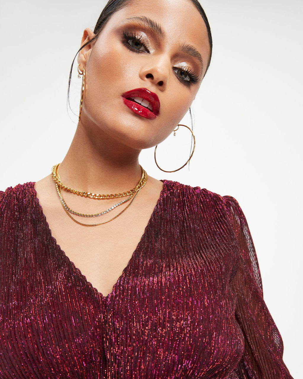 Razzle Dazzle Metallic Plisse Tiered Top - Wine