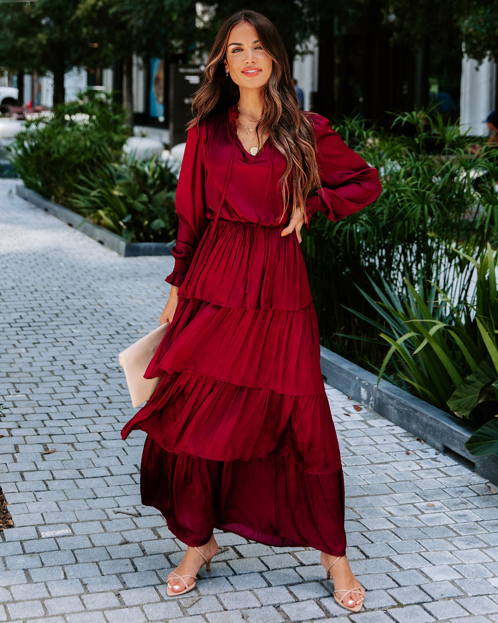 Villain Of My Heart Satin Tiered Maxi Dress - Wine