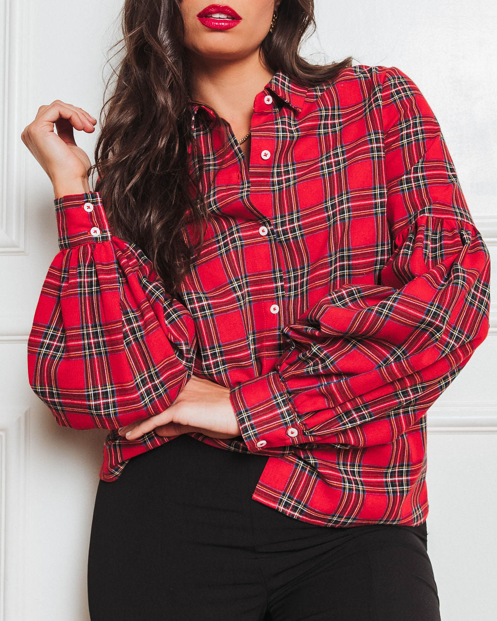 Gift For Me Plaid Puff Sleeve Button Down Top