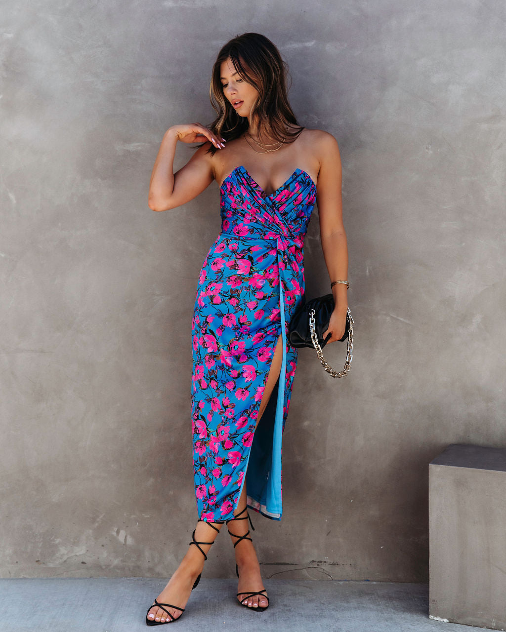 Talk About It Floral Satin Strapless Midi Dress