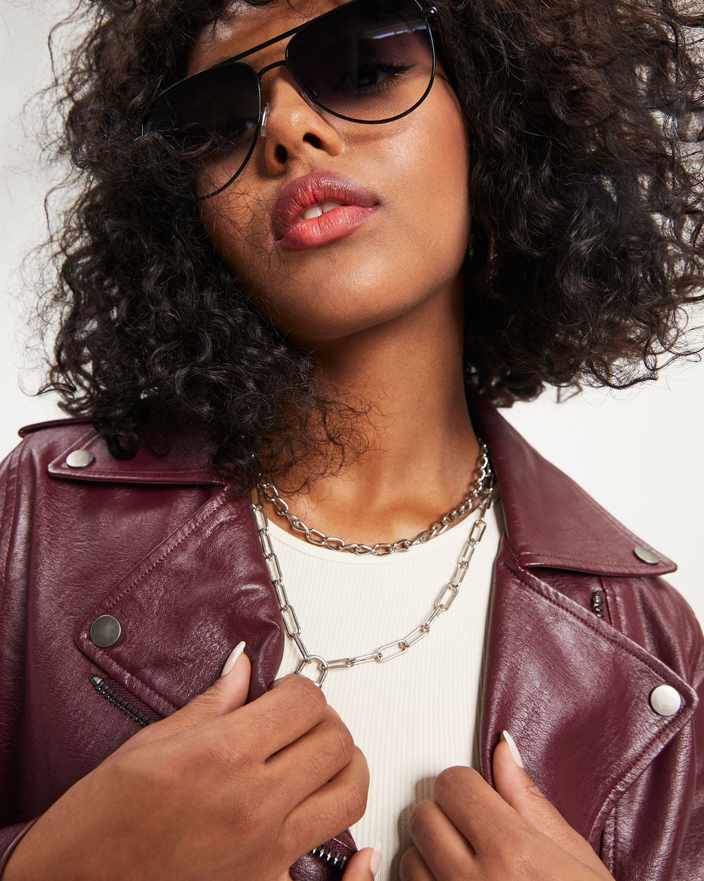 Jingle Bell Rock Pocketed Faux Leather Biker Jacket - Wine