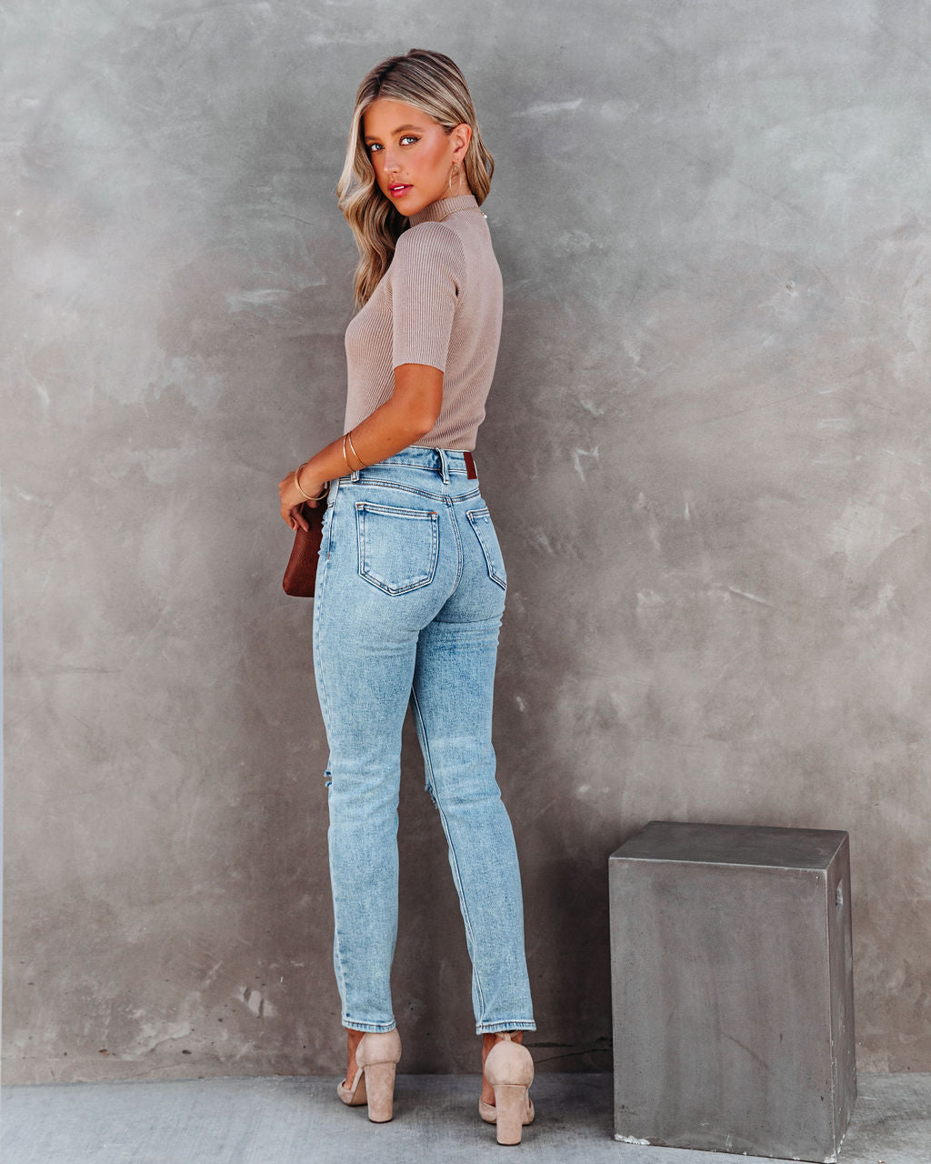 September Mock Neck Ribbed Knit Top - Taupe