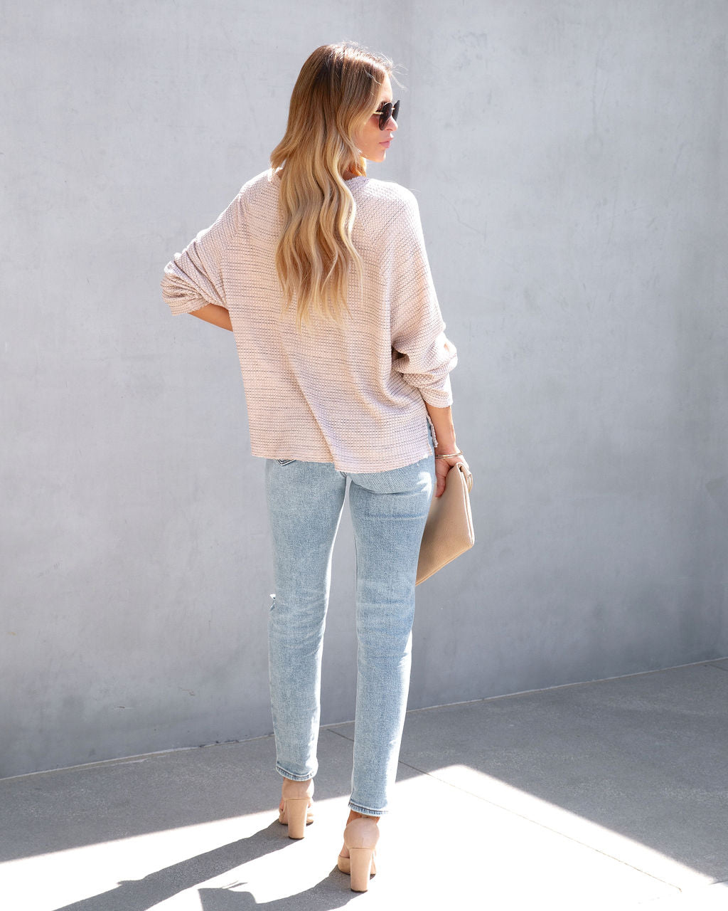 Kylie Waffle Knit Frayed Long Sleeve Top - Oatmeal - SALE