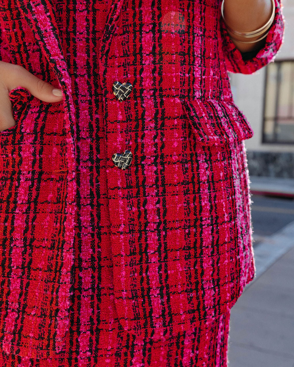 Just Like Me Tweed Pocketed Plaid Blazer